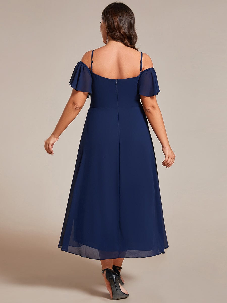 One-Shoulder High-Low Chiffon Wedding Guest Dresses with Short Sleeves #color_Navy Blue