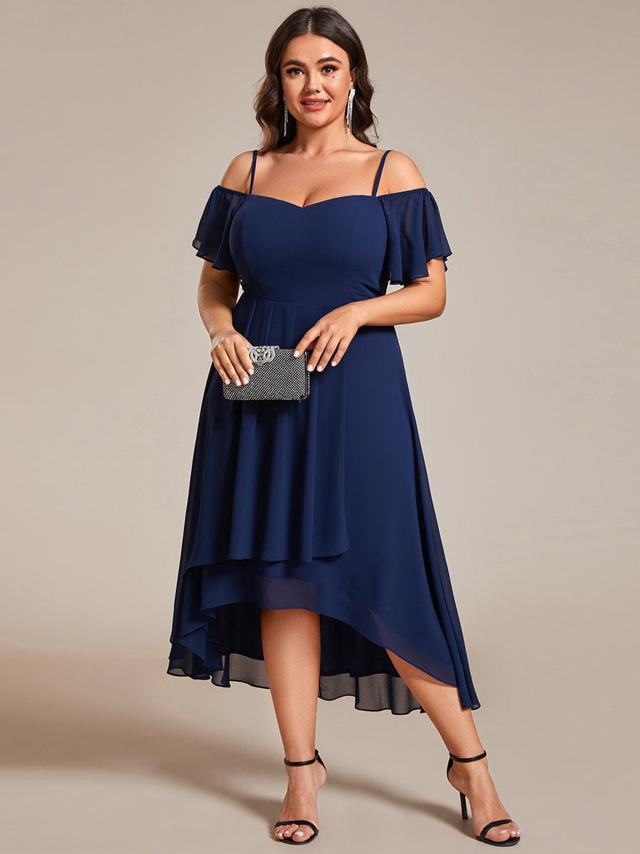 One-Shoulder High-Low Chiffon Wedding Guest Dresses with Short Sleeves #color_Navy Blue