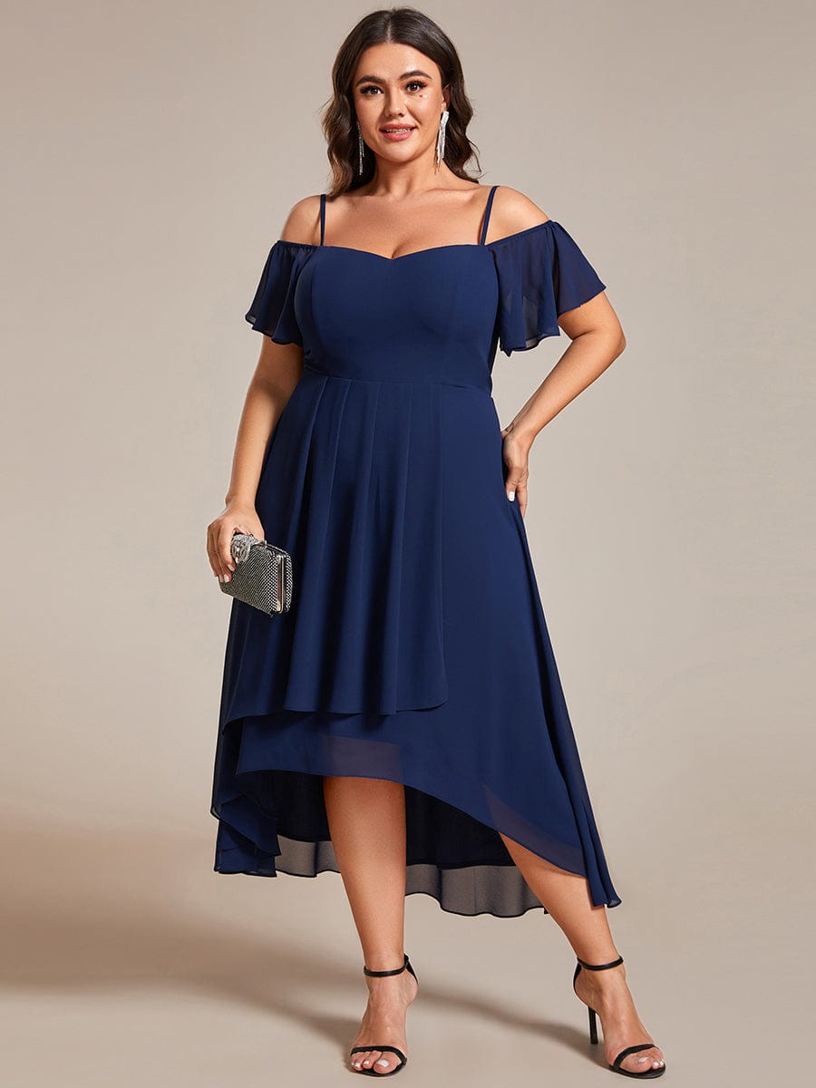 One-Shoulder High-Low Chiffon Wedding Guest Dresses with Short Sleeves #color_Navy Blue