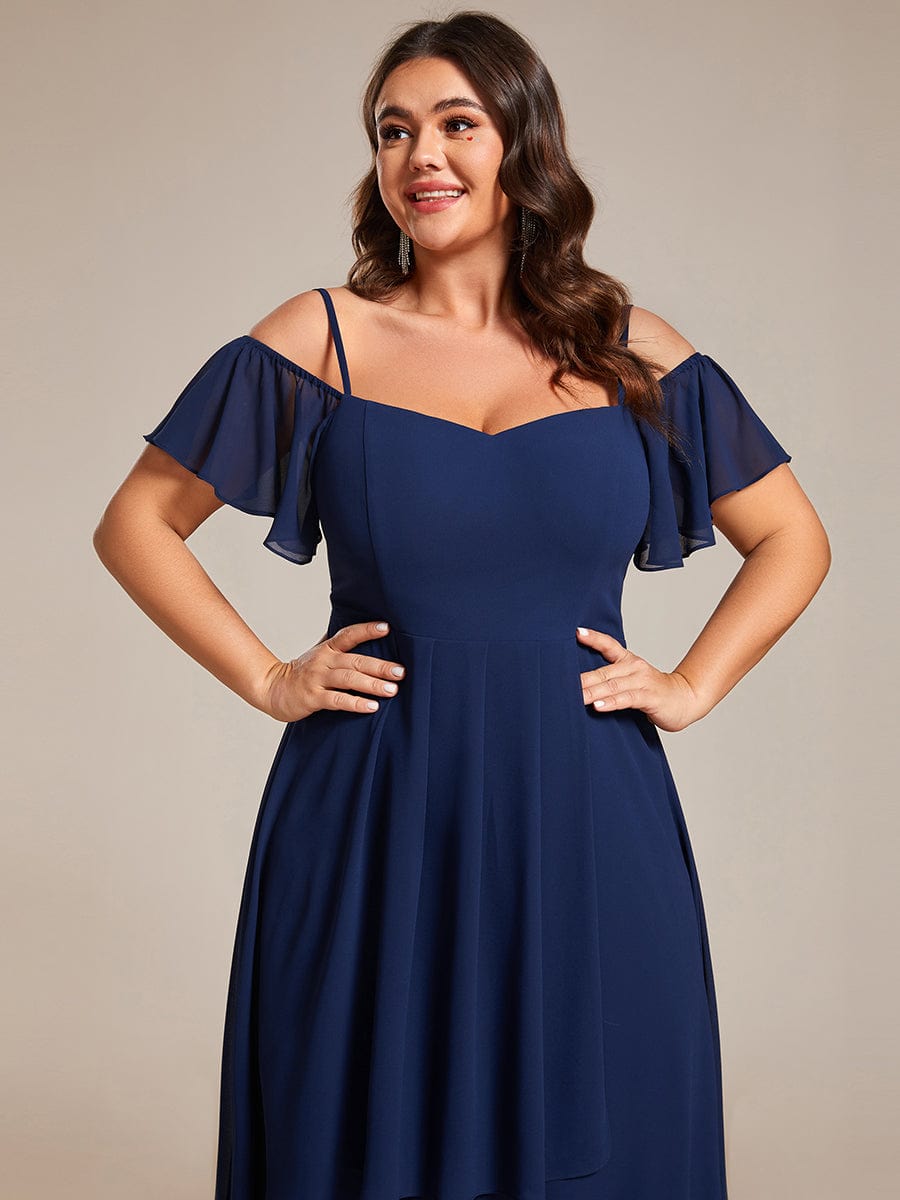 Plus Size One-Shoulder High-Low Chiffon Wedding Guest Dresses with Short Sleeves #color_Navy Blue