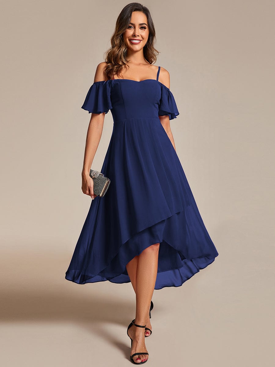 One-Shoulder High-Low Chiffon Wedding Guest Dresses with Short Sleeves #color_Navy Blue