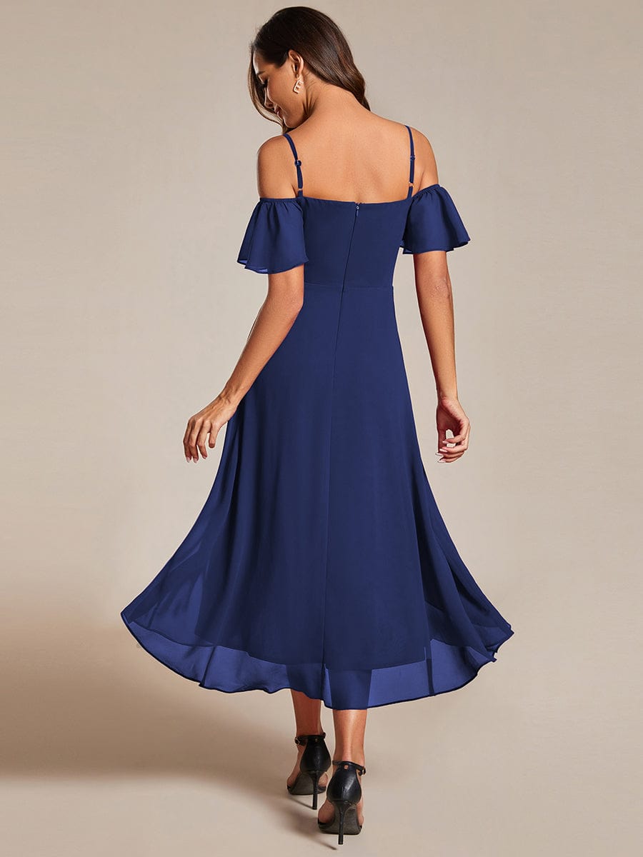 One-Shoulder High-Low Chiffon Wedding Guest Dresses with Short Sleeves #color_Navy Blue