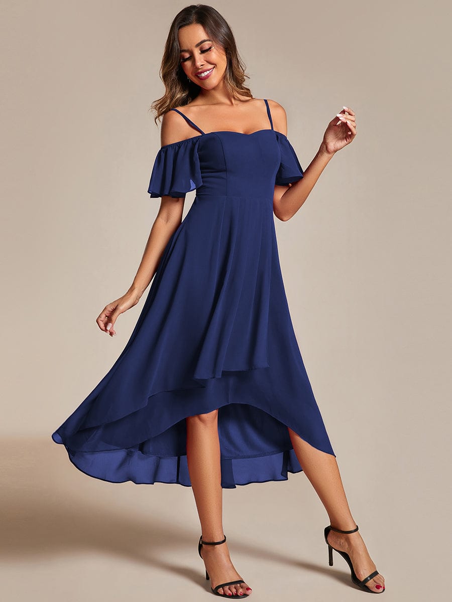 One-Shoulder High-Low Chiffon Wedding Guest Dresses with Short Sleeves #color_Navy Blue