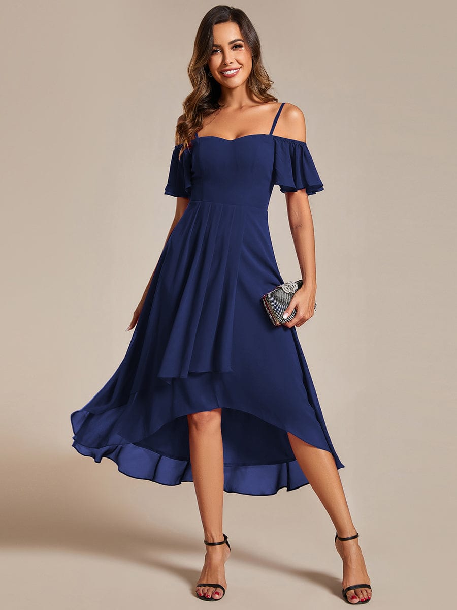 One-Shoulder High-Low Chiffon Wedding Guest Dresses with Short Sleeves #color_Navy Blue