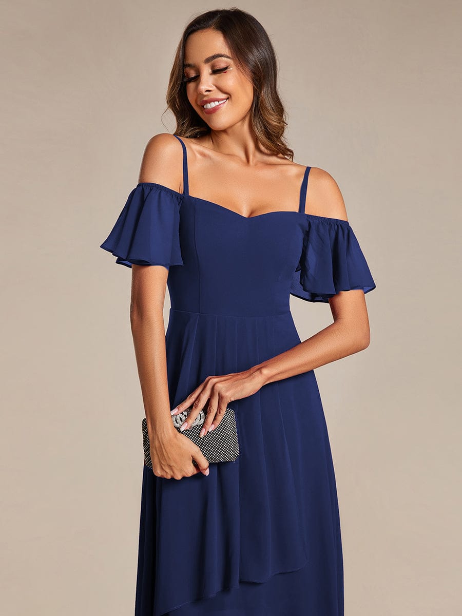 One-Shoulder High-Low Chiffon Wedding Guest Dresses with Short Sleeves #color_Navy Blue