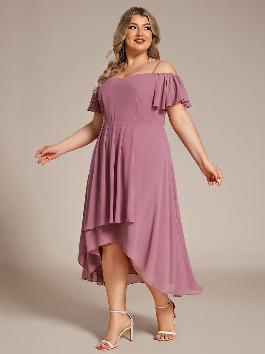 One-Shoulder High-Low Chiffon Wedding Guest Dresses with Short Sleeves #color_Purple Orchid