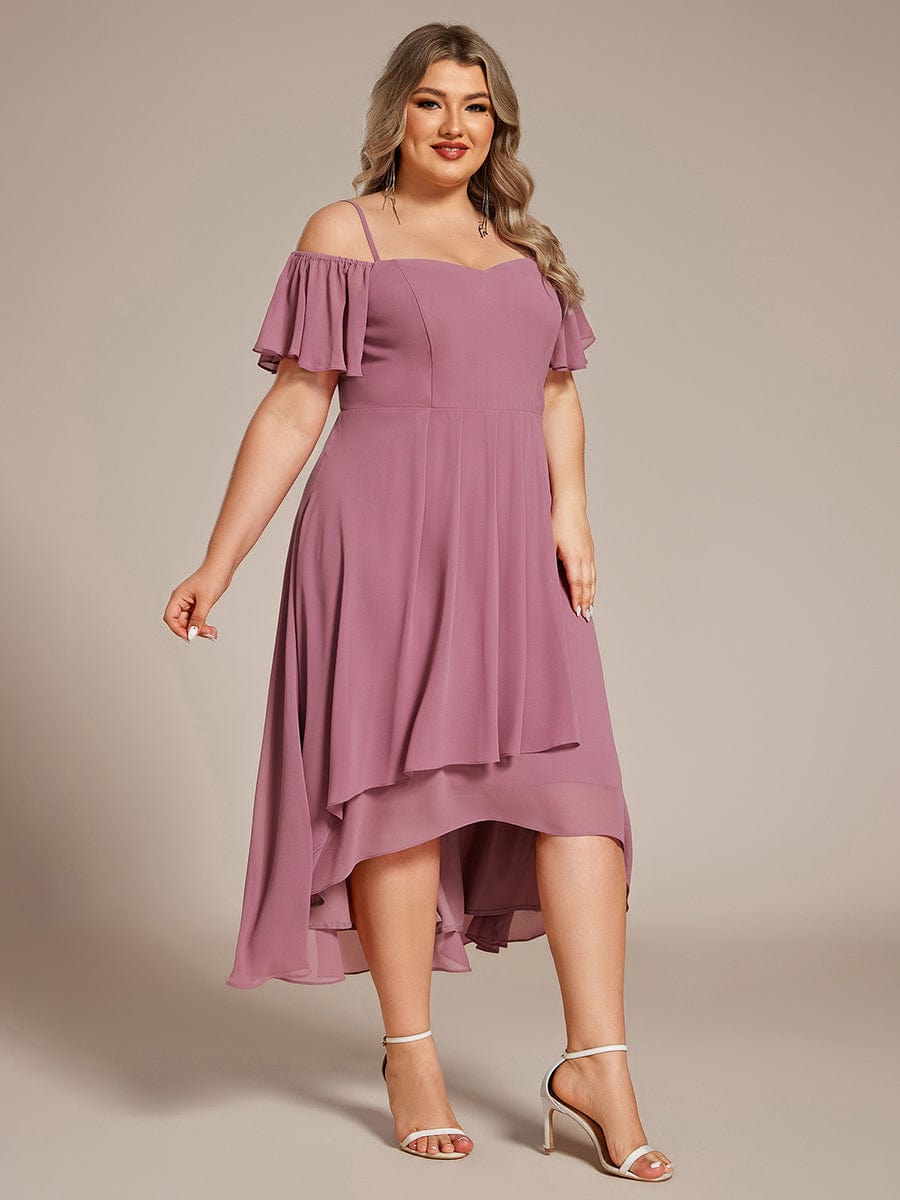 One-Shoulder High-Low Chiffon Wedding Guest Dresses with Short Sleeves #color_Purple Orchid