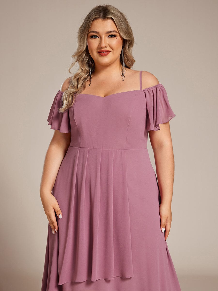 Plus Size One-Shoulder High-Low Chiffon Wedding Guest Dresses with Short Sleeves #color_Purple Orchid