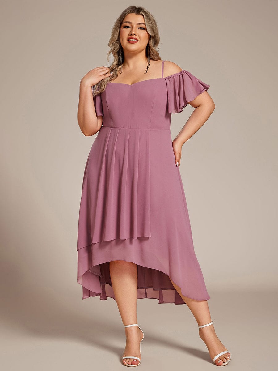 One-Shoulder High-Low Chiffon Wedding Guest Dresses with Short Sleeves #color_Purple Orchid