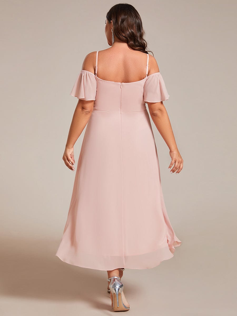 One-Shoulder High-Low Chiffon Wedding Guest Dresses with Short Sleeves #color_Pink