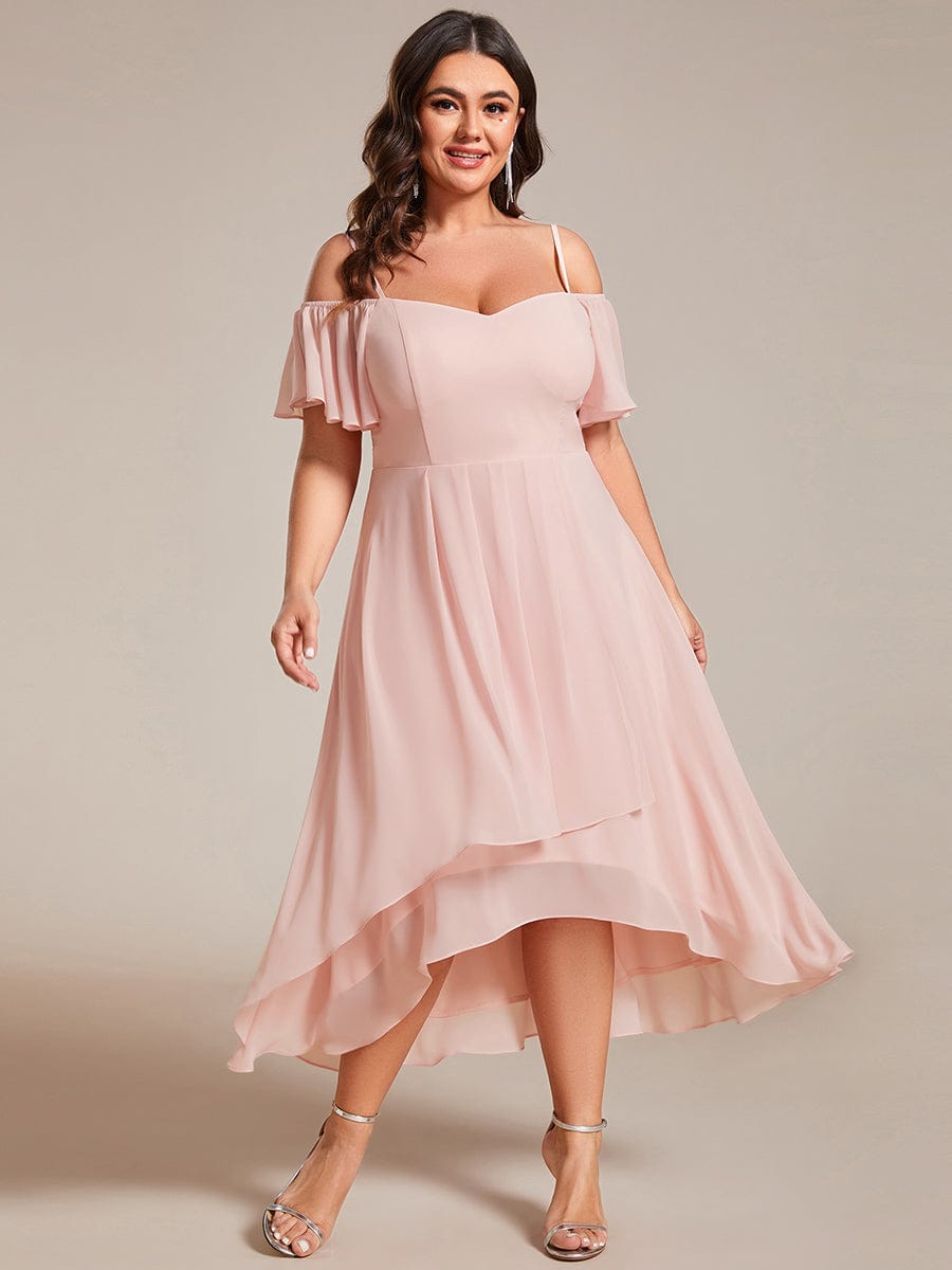 One-Shoulder High-Low Chiffon Wedding Guest Dresses with Short Sleeves #color_Pink