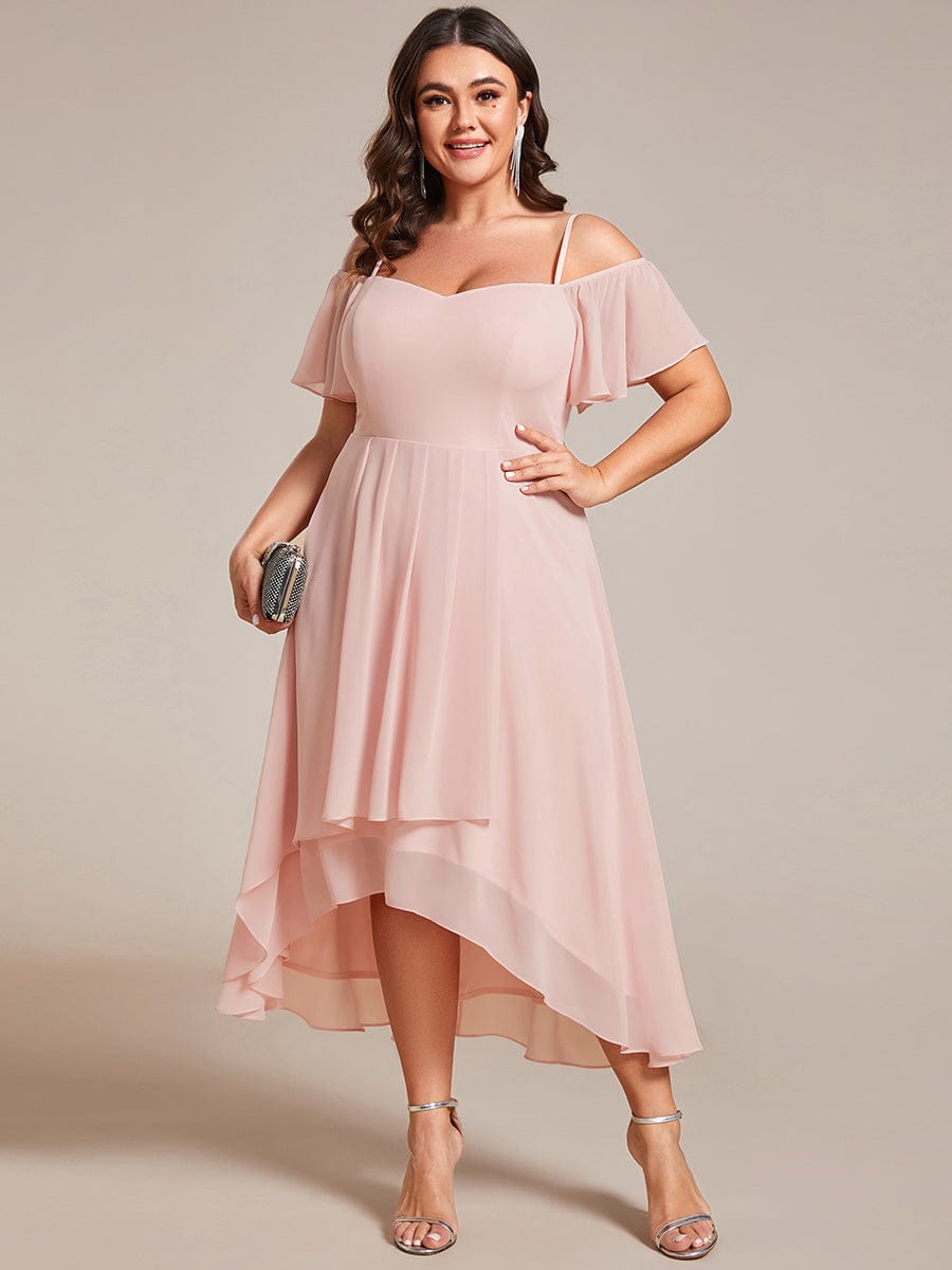 Plus Size One-Shoulder High-Low Chiffon Wedding Guest Dresses with Short Sleeves #color_Pink