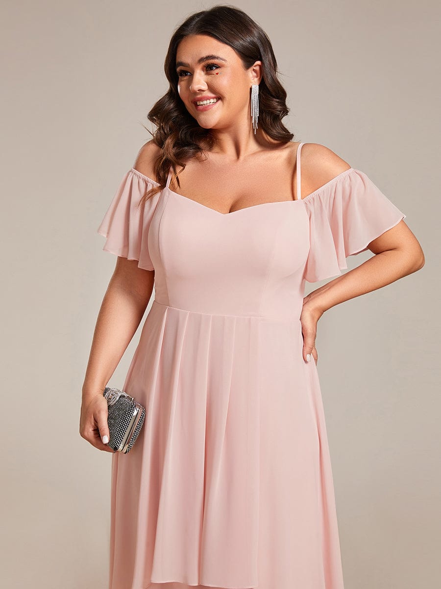 One-Shoulder High-Low Chiffon Wedding Guest Dresses with Short Sleeves #color_Pink