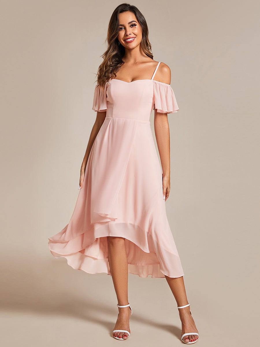 One-Shoulder High-Low Chiffon Wedding Guest Dresses with Short Sleeves #color_Pink