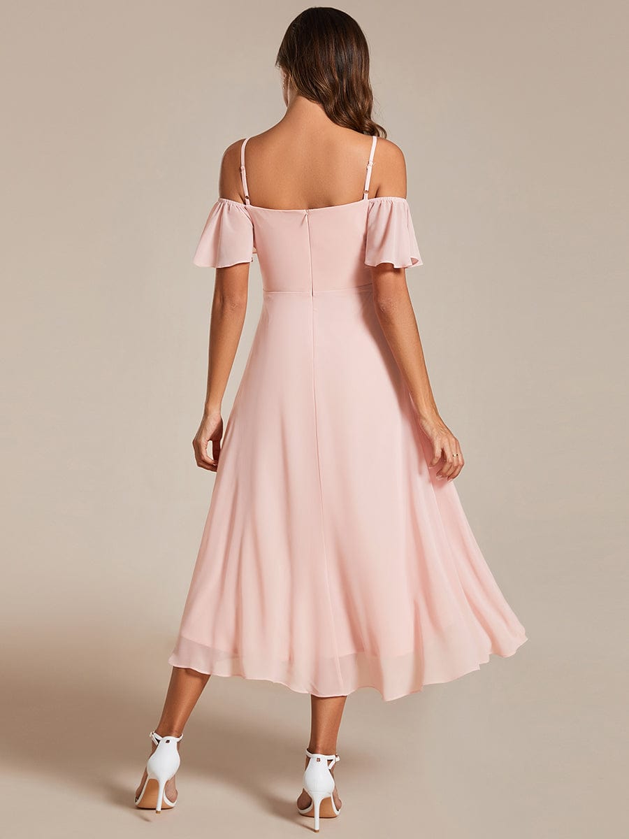 One-Shoulder High-Low Chiffon Wedding Guest Dresses with Short Sleeves #color_Pink