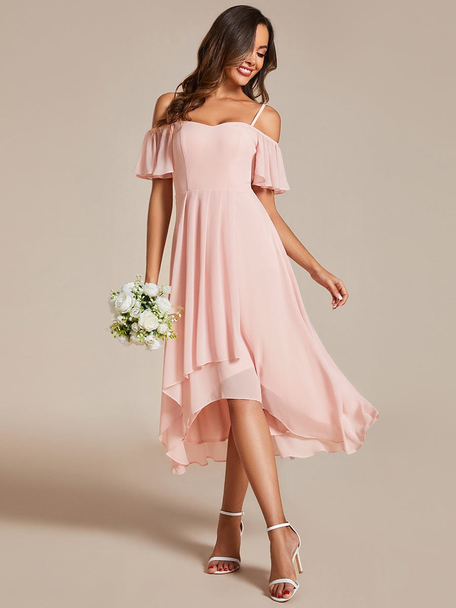 One-Shoulder High-Low Chiffon Wedding Guest Dresses with Short Sleeves #color_Pink