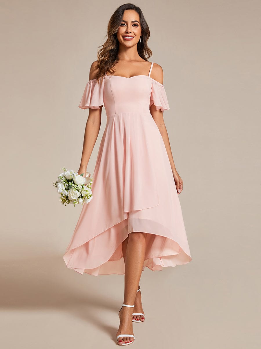 Off-Shoulder High-Low Chiffon Midi Dress with Short Sleeves in Pink #color_Pink