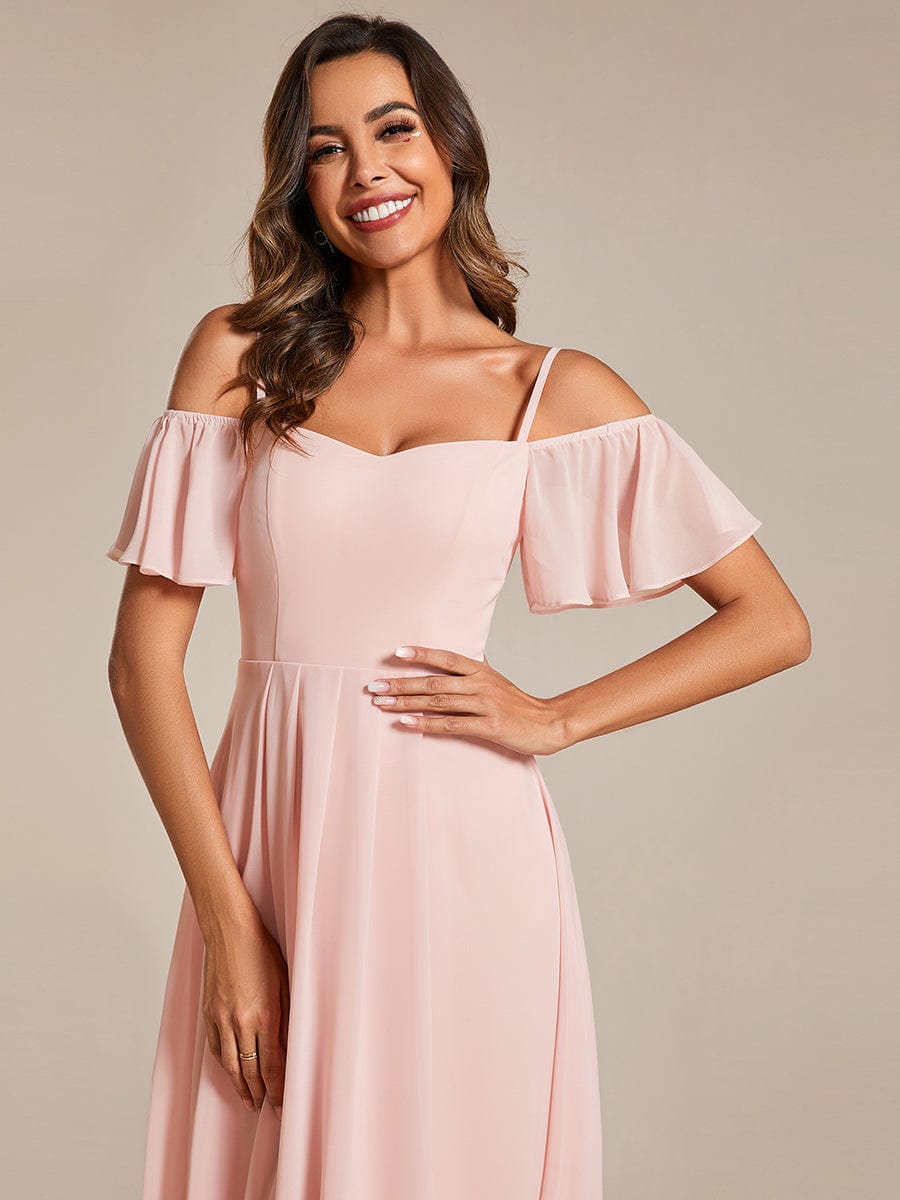 One-Shoulder High-Low Chiffon Wedding Guest Dresses with Short Sleeves #color_Pink