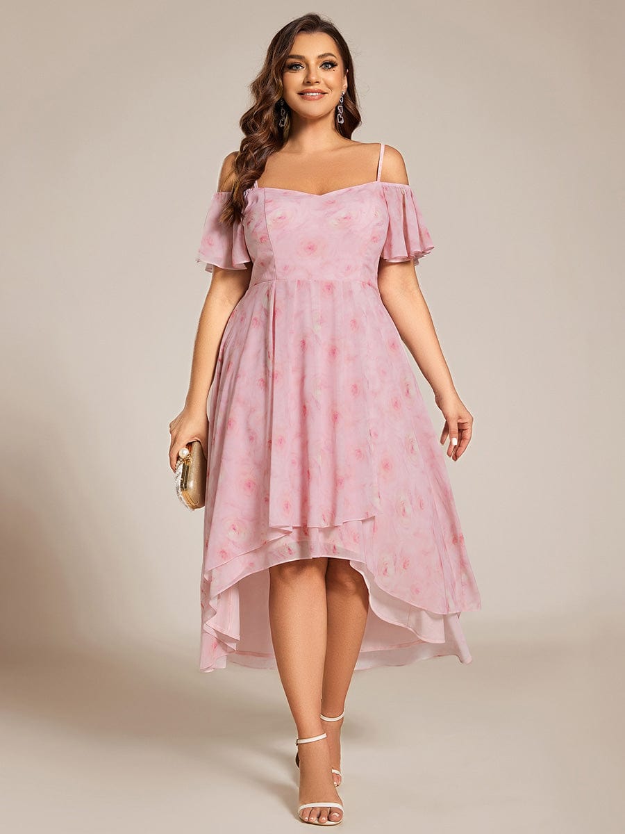 One-Shoulder High-Low Chiffon Wedding Guest Dresses with Short Sleeves #color_Light Purple Roses