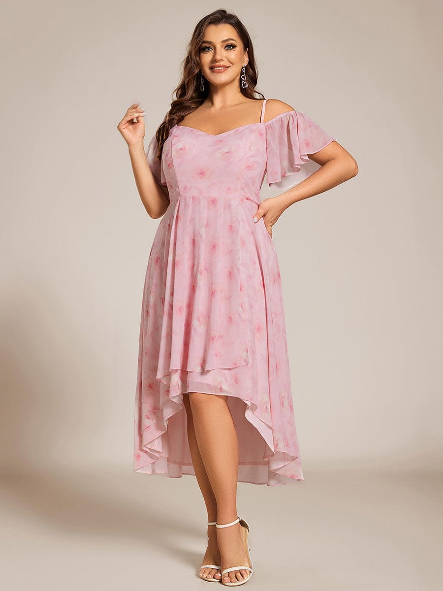 Plus Size One-Shoulder High-Low Chiffon Wedding Guest Dresses with Short Sleeves #color_Light Purple Roses