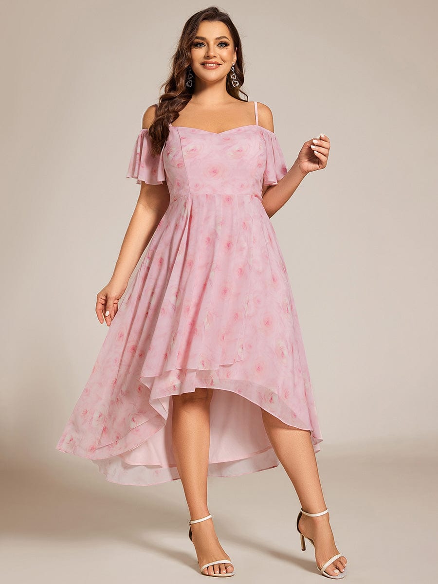 Plus Size One-Shoulder High-Low Chiffon Wedding Guest Dresses with Short Sleeves #color_Light Purple Roses