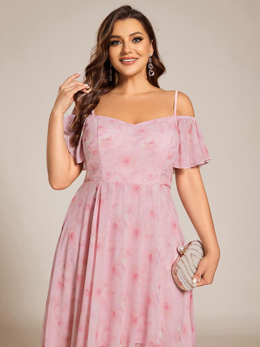 One-Shoulder High-Low Chiffon Wedding Guest Dresses with Short Sleeves #color_Light Purple Roses