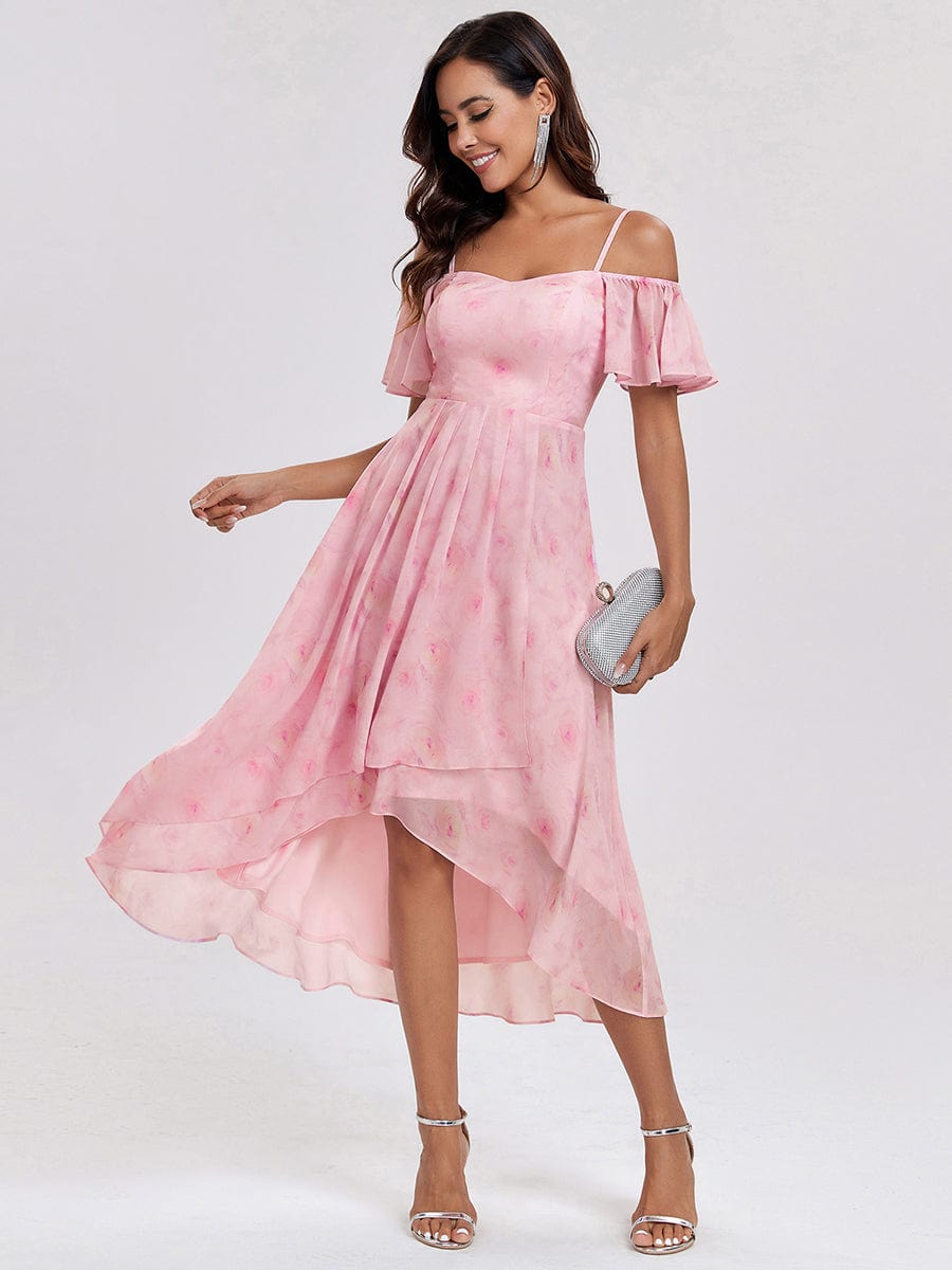 One-Shoulder High-Low Chiffon Wedding Guest Dresses with Short Sleeves #color_Light Purple Roses