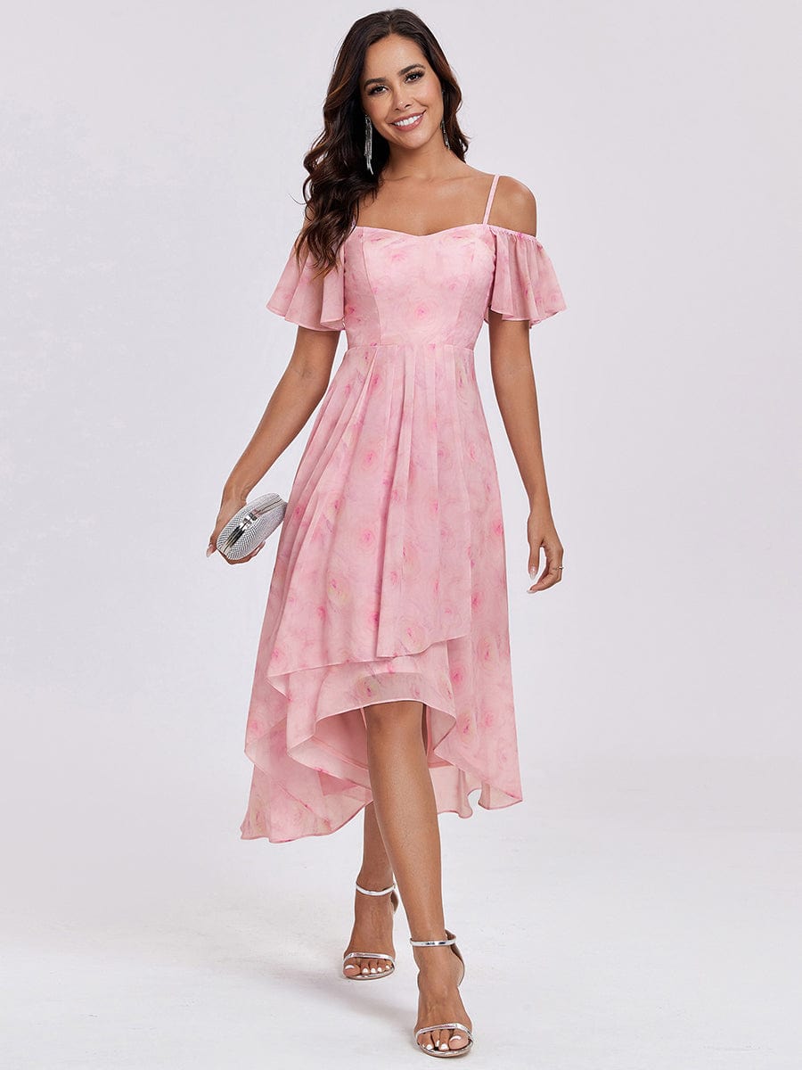 One-Shoulder High-Low Chiffon Wedding Guest Dresses with Short Sleeves #color_Light Purple Roses