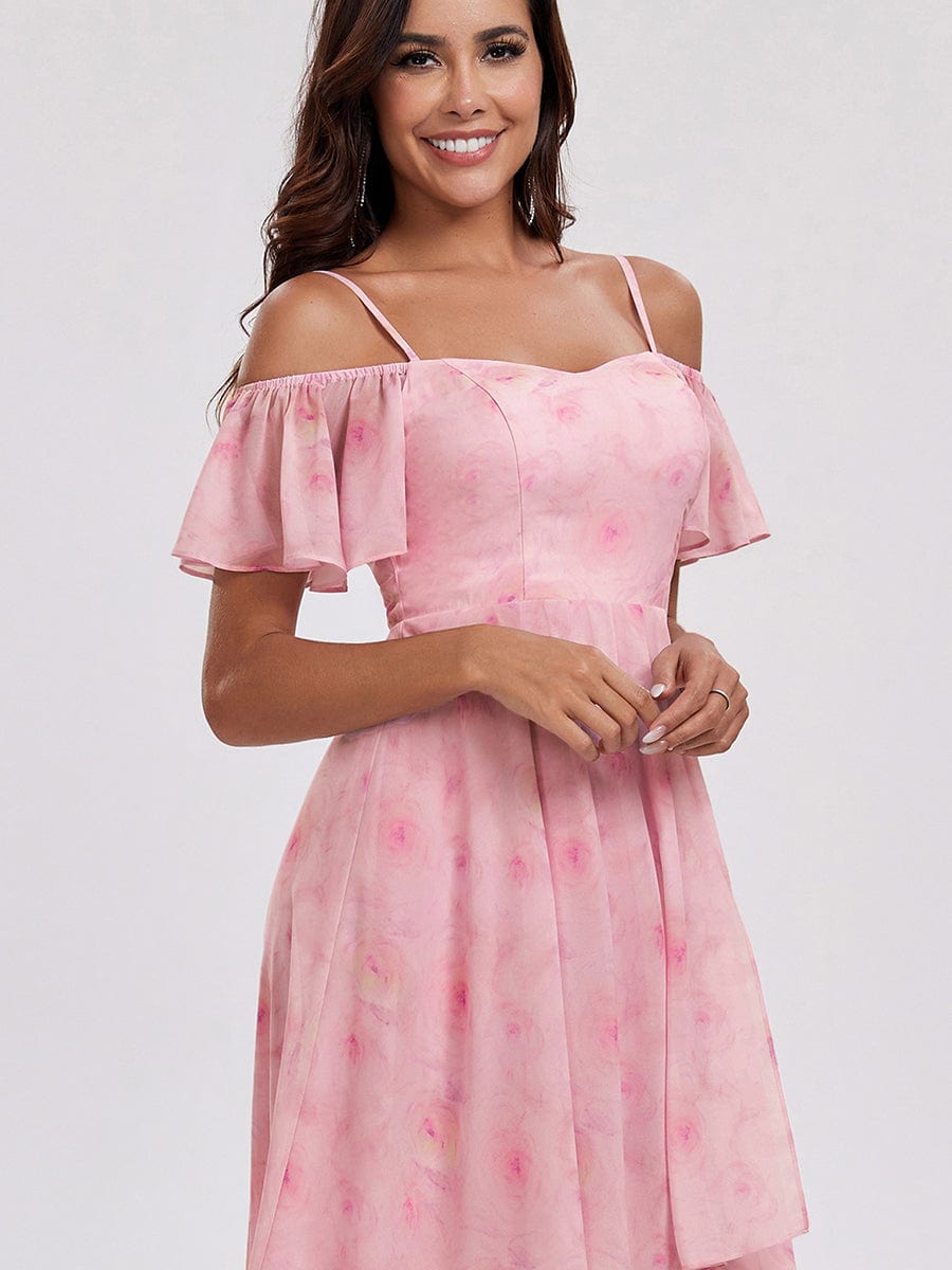 One-Shoulder High-Low Chiffon Wedding Guest Dresses with Short Sleeves #color_Light Purple Roses