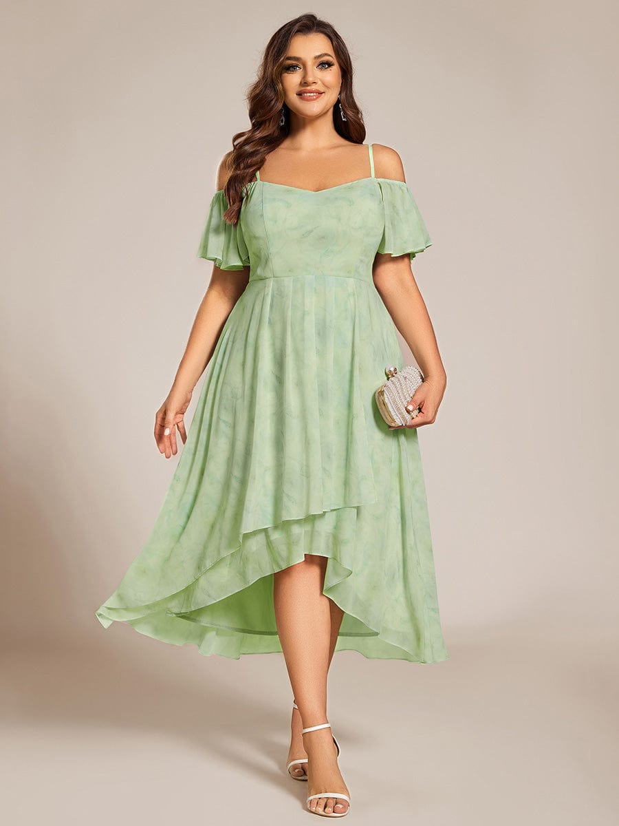 Plus Size One-Shoulder High-Low Chiffon Wedding Guest Dresses with Short Sleeves #color_Light Green Roses