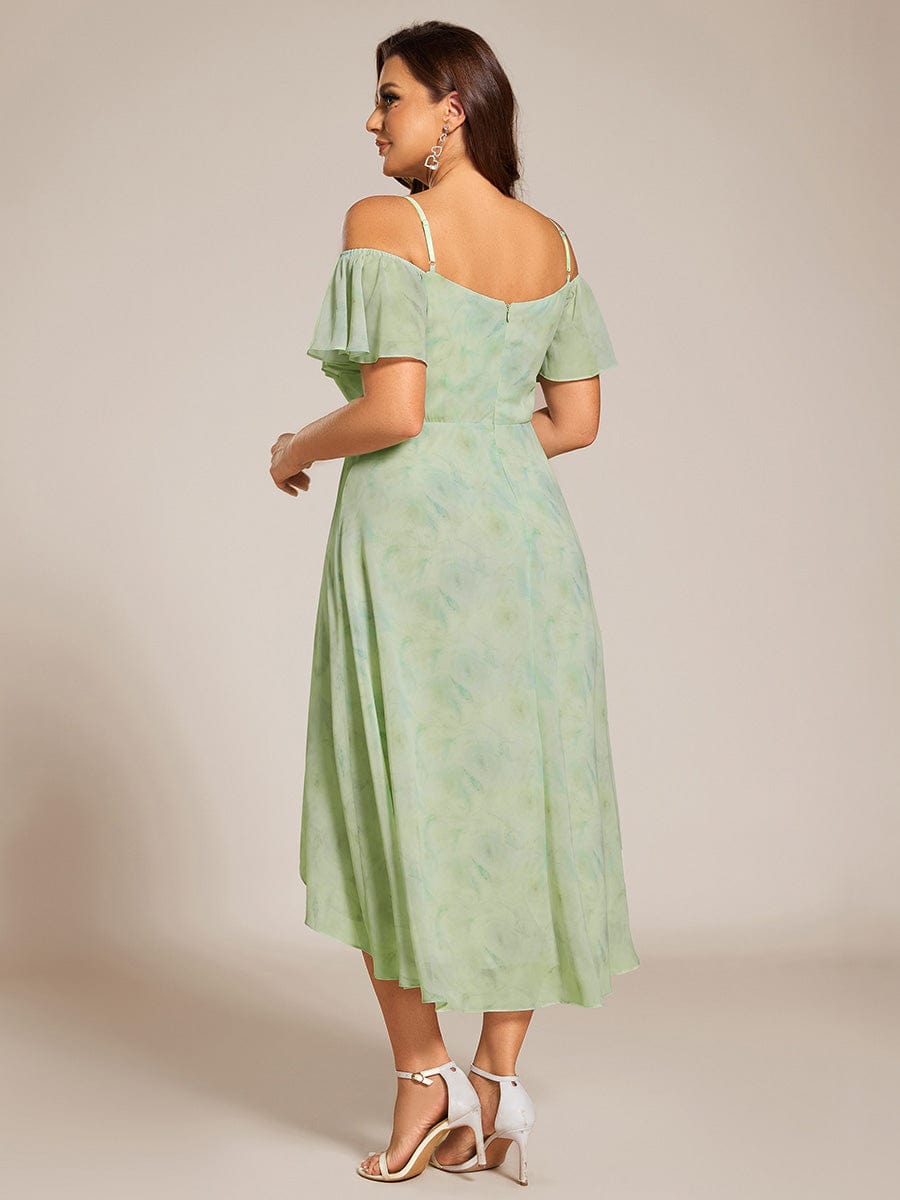 One-Shoulder High-Low Chiffon Wedding Guest Dresses with Short Sleeves #color_Light Green Roses