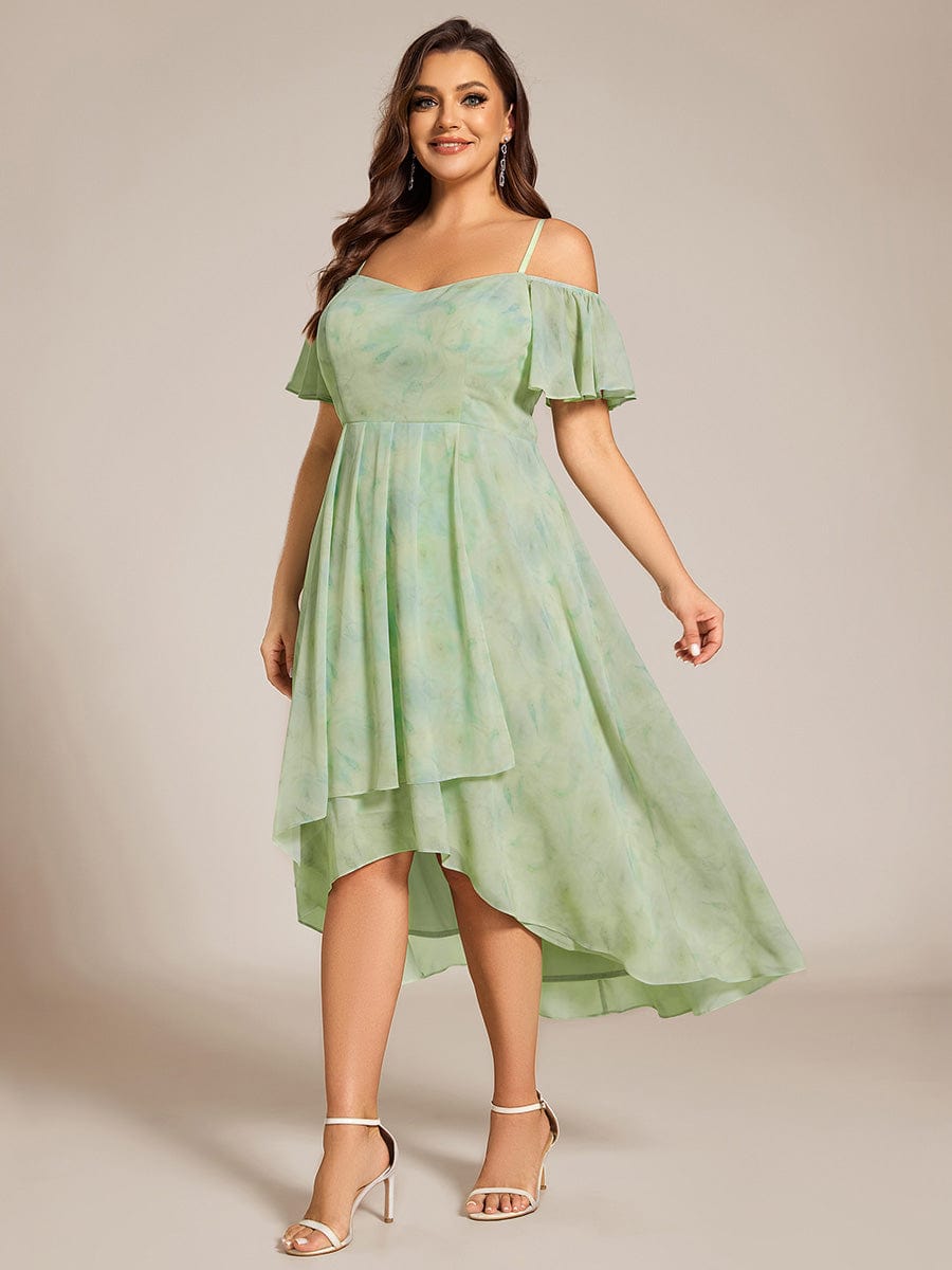 One-Shoulder High-Low Chiffon Wedding Guest Dresses with Short Sleeves #color_Light Green Roses