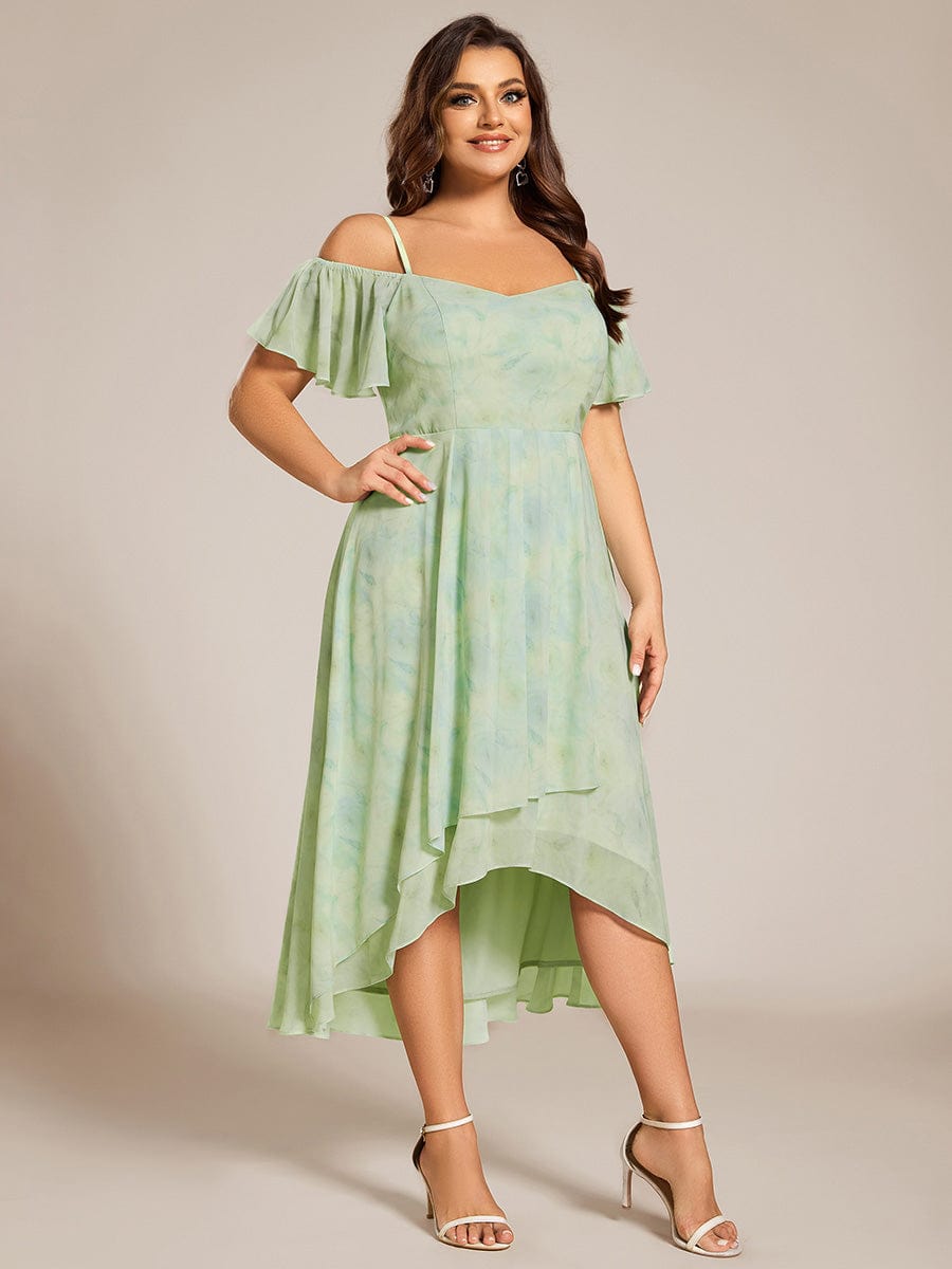 Plus Size One-Shoulder High-Low Chiffon Wedding Guest Dresses with Short Sleeves #color_Light Green Roses