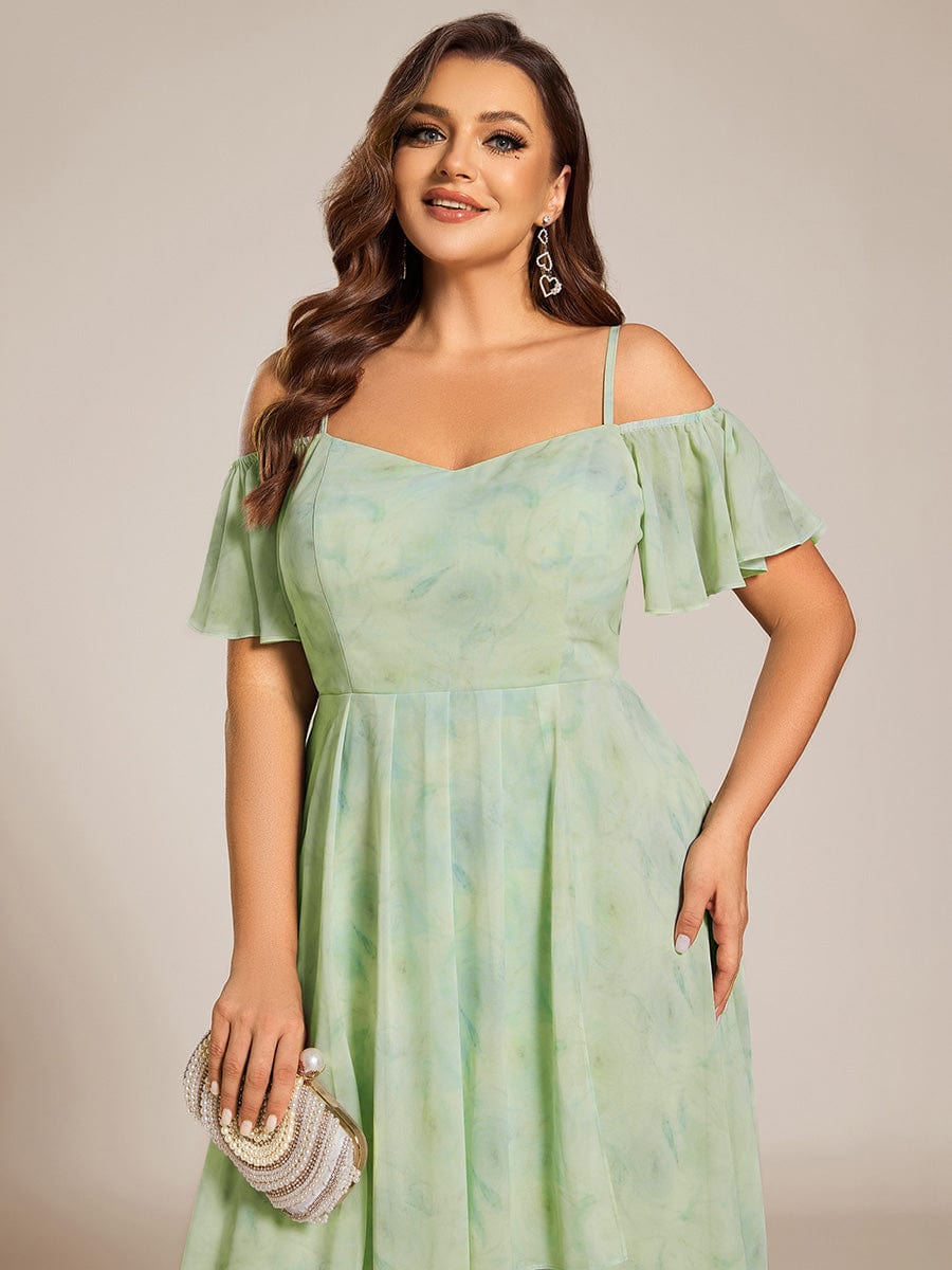 One-Shoulder High-Low Chiffon Wedding Guest Dresses with Short Sleeves #color_Light Green Roses