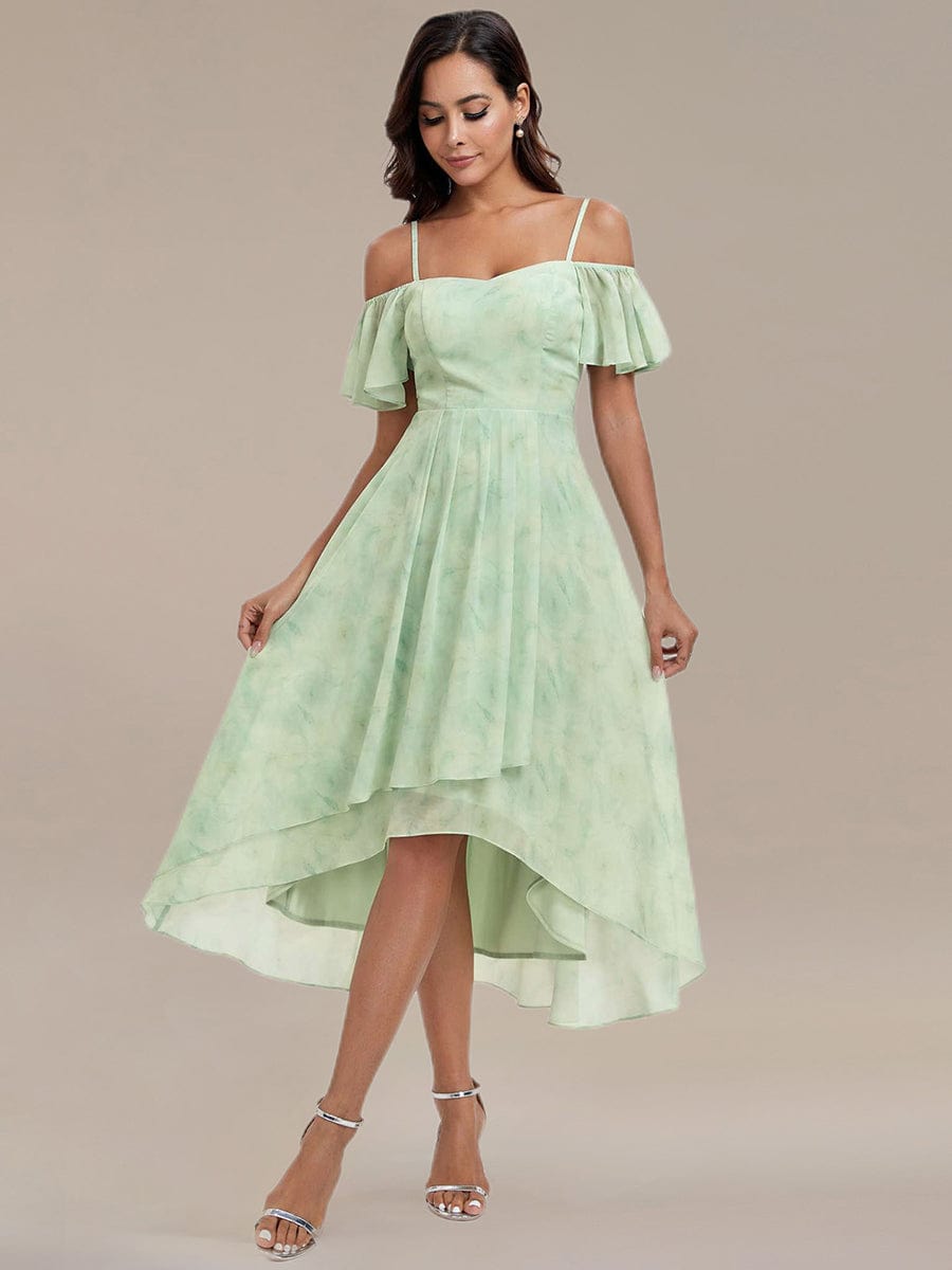 One-Shoulder High-Low Chiffon Wedding Guest Dresses with Short Sleeves #color_Light Green Roses