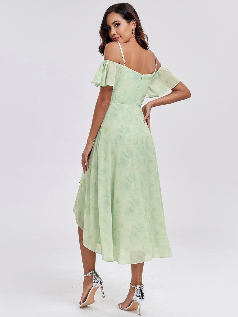 One-Shoulder High-Low Chiffon Wedding Guest Dresses with Short Sleeves #color_Light Green Roses