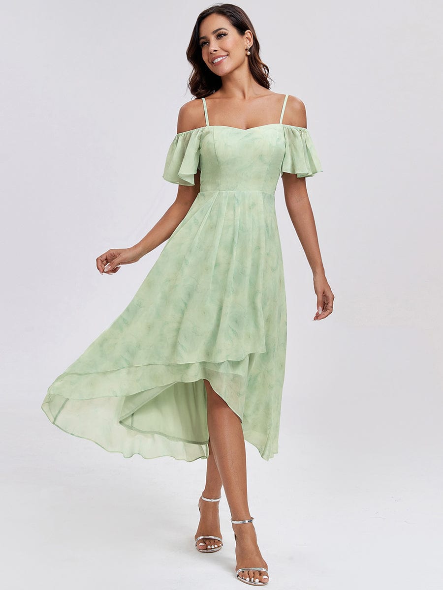 One-Shoulder High-Low Chiffon Wedding Guest Dresses with Short Sleeves #color_Light Green Roses