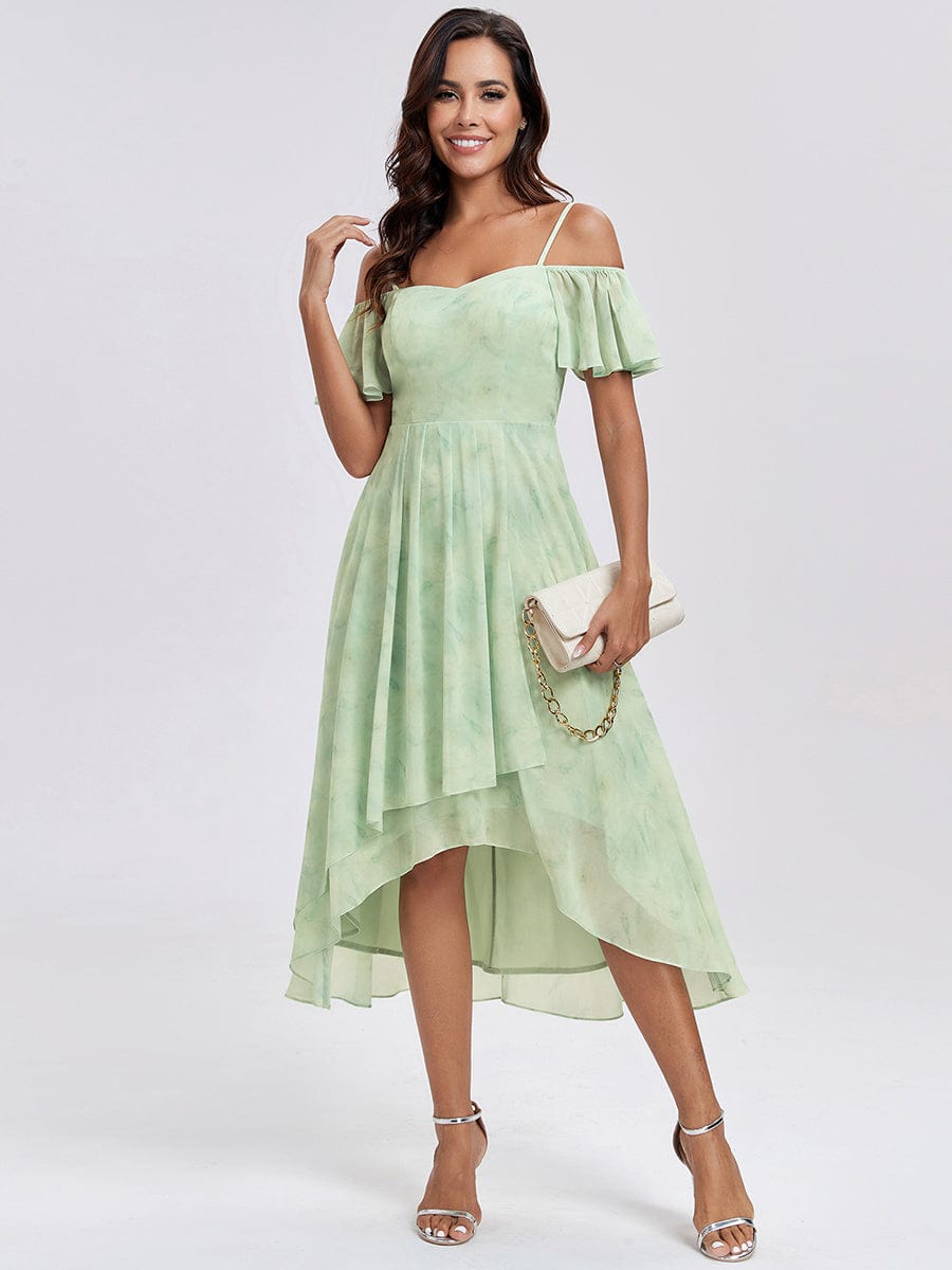 One-Shoulder High-Low Chiffon Wedding Guest Dresses with Short Sleeves #color_Light Green Roses