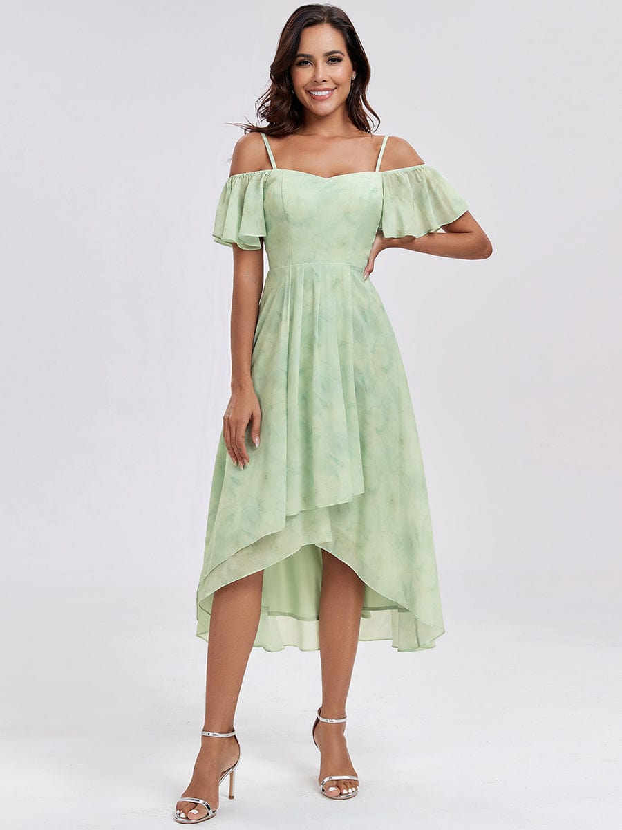 One-Shoulder High-Low Chiffon Wedding Guest Dresses with Short Sleeves #color_Light Green Roses