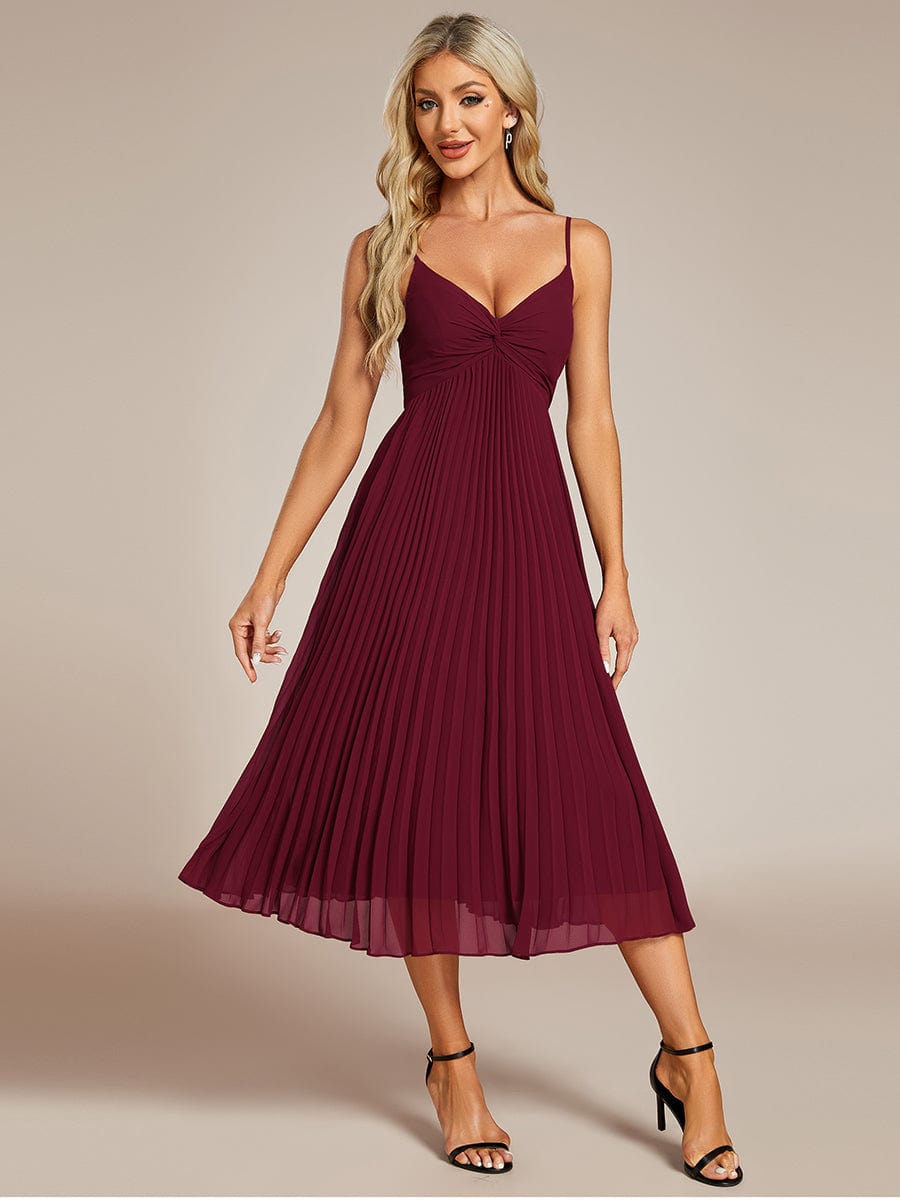 Midi Chiffon Stacked Pleating Backless Wedding Guest Dress with V-Neck #color_Burgundy