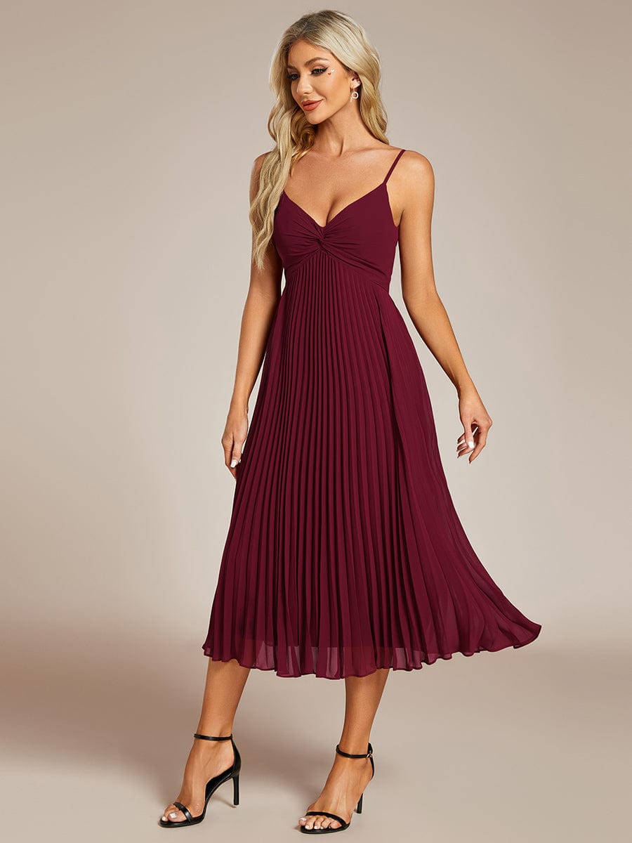 Midi Chiffon Stacked Pleating Backless Wedding Guest Dress with V-Neck #color_Burgundy