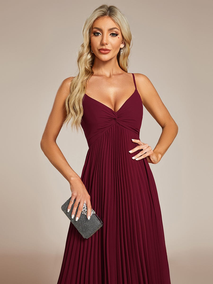 Midi Chiffon Stacked Pleating Backless Wedding Guest Dress with V-Neck #color_Burgundy