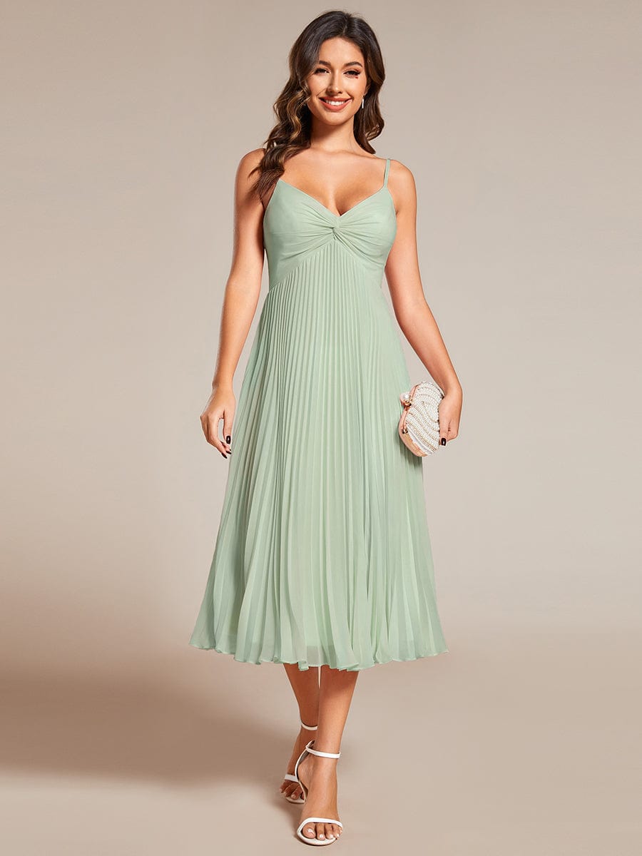 Midi Chiffon Stacked Pleating Backless Wedding Guest Dress with V-Neck #color_Mint Green