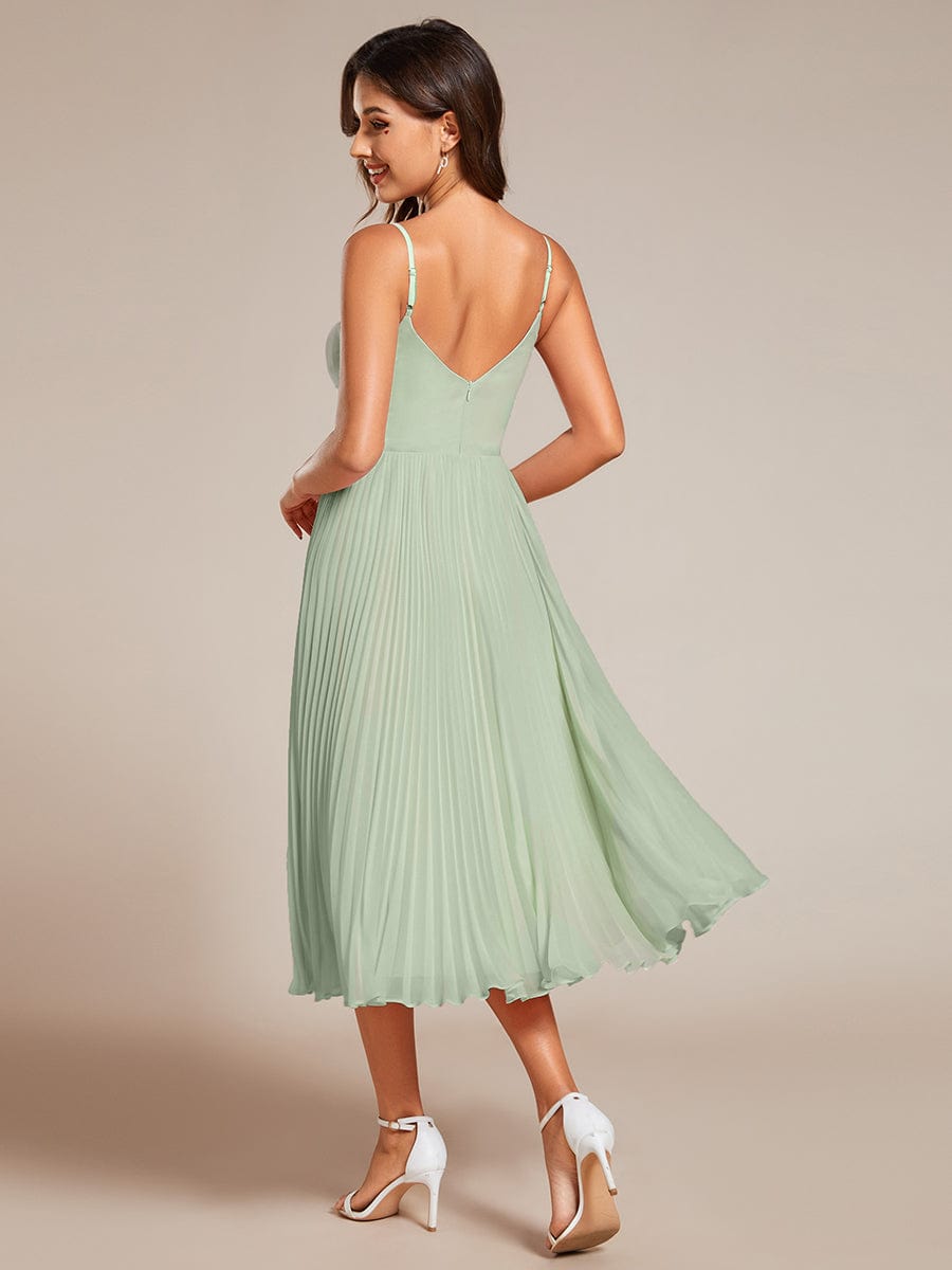 Midi Chiffon Stacked Pleating Backless Wedding Guest Dress with V-Neck #color_Mint Green