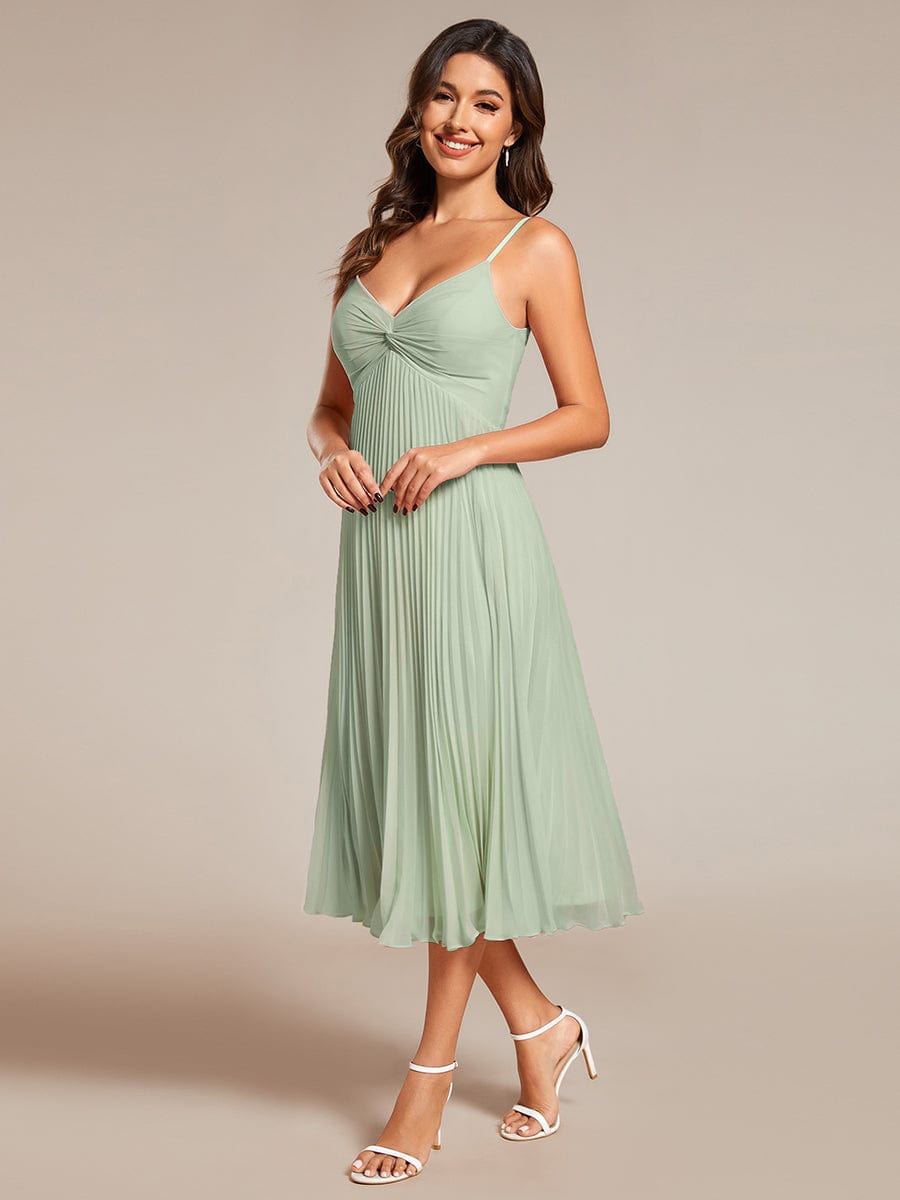 Midi Chiffon Stacked Pleating Backless Wedding Guest Dress with V-Neck #color_Mint Green