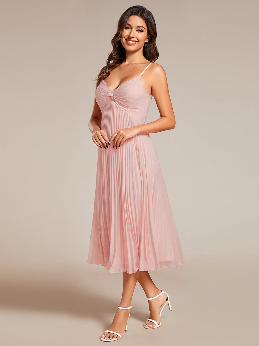 Midi Chiffon Stacked Pleating Backless Wedding Guest Dress with V-Neck #color_Pink