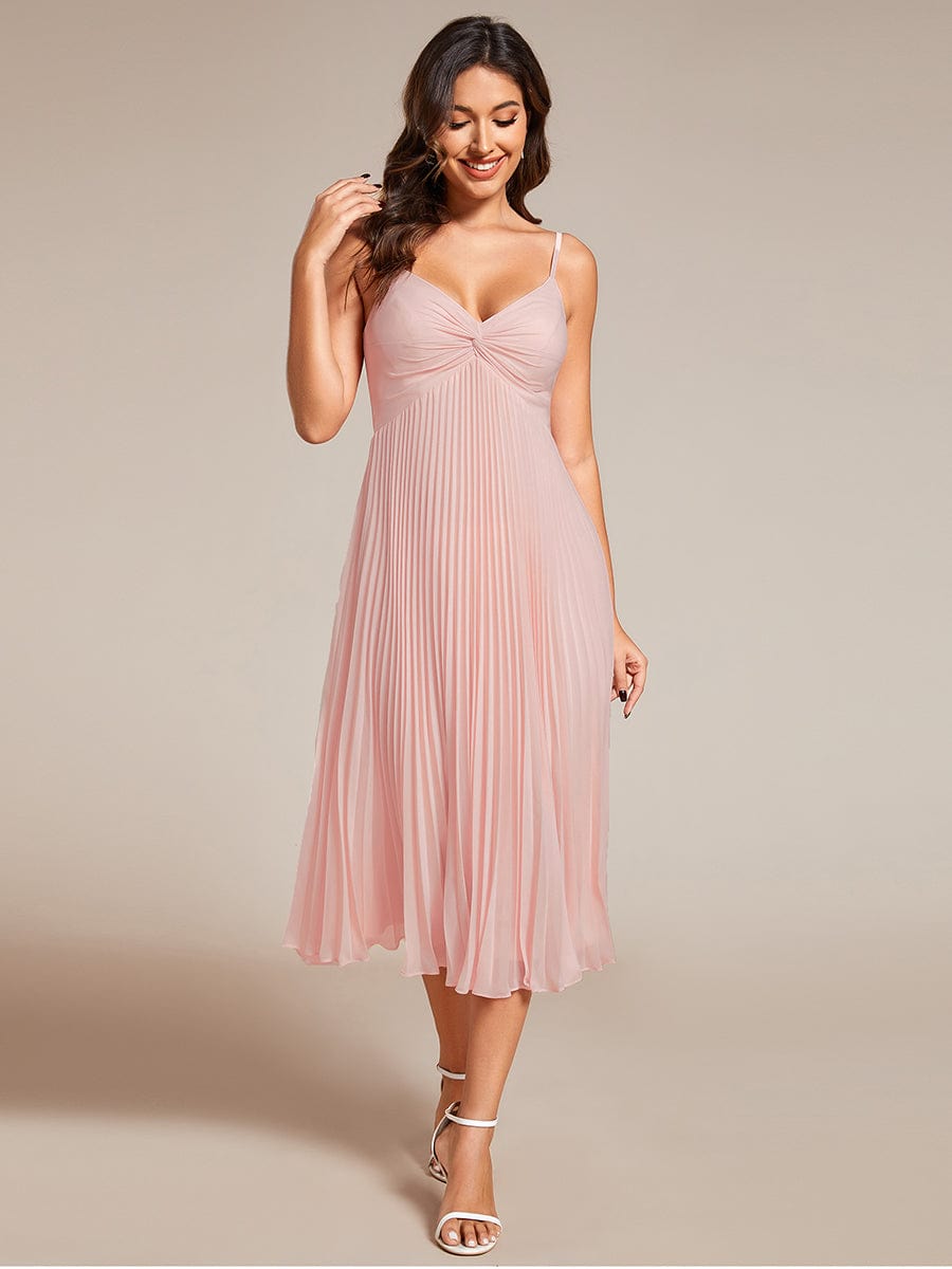 Midi Chiffon Stacked Pleating Backless Wedding Guest Dress with V-Neck #color_Pink