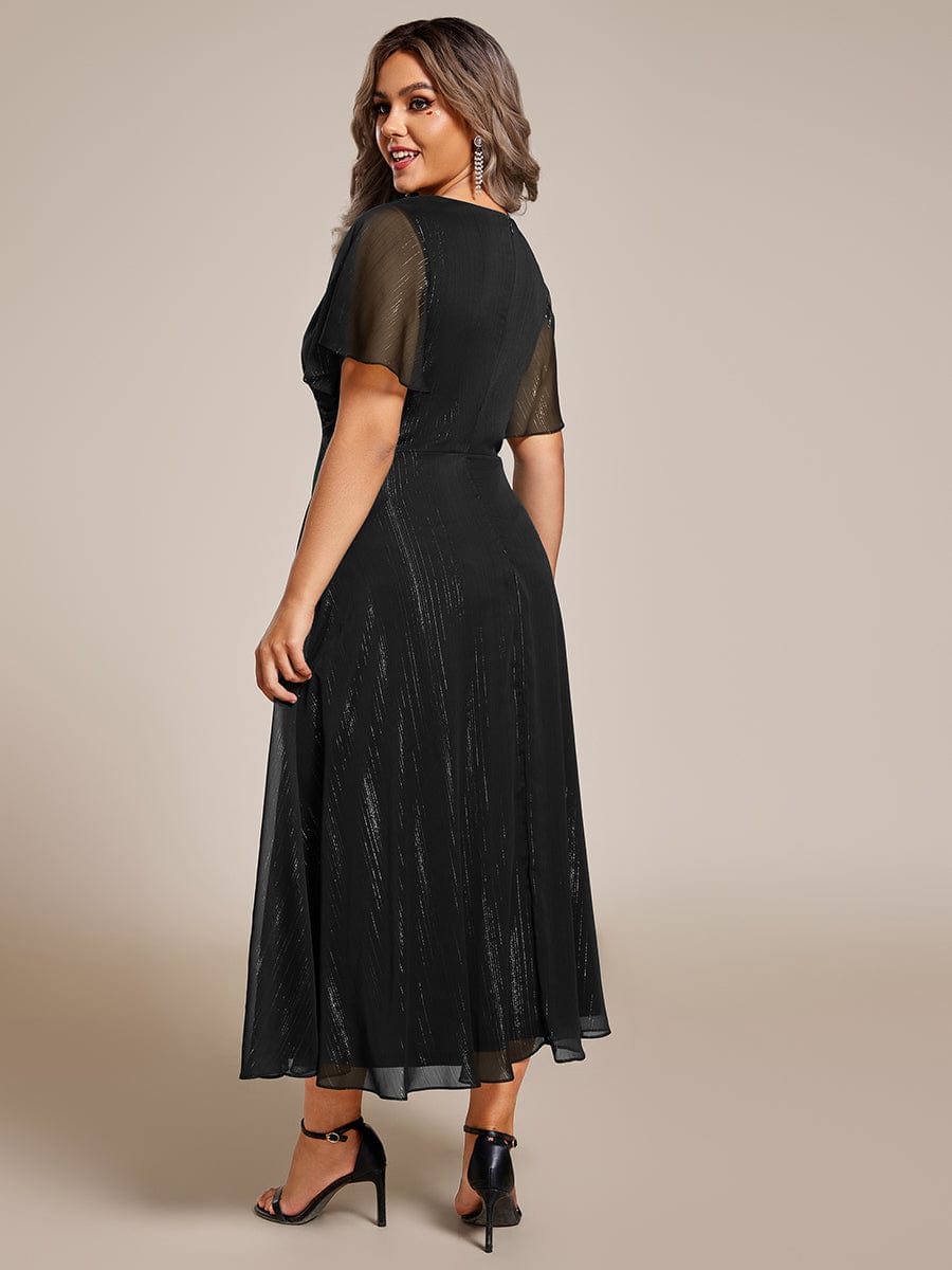 Plus Size Metallic Silver Fabric Short-Sleeved V-Neck A-Line Dress with Ruffled Hem #color_Black