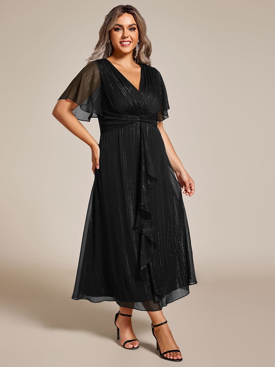 Plus Size Metallic Silver Fabric Short-Sleeved V-Neck A-Line Dress with Ruffled Hem #color_Black