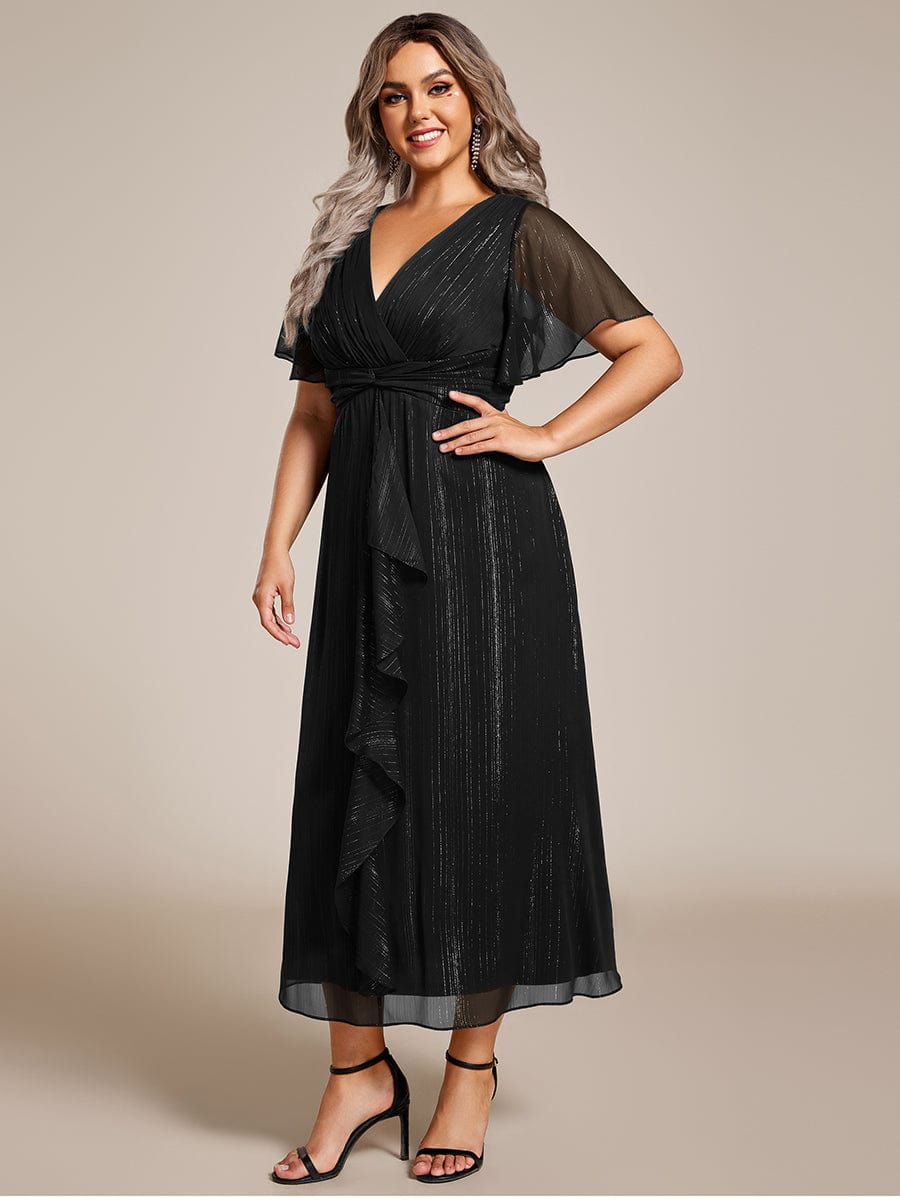 Plus Size Metallic Silver Fabric Short-Sleeved V-Neck A-Line Dress with Ruffled Hem #color_Black